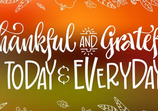 Thankful and Grateful today and Everyday - quote. Thanksgiving dinner theme hand drawn lettering phrase. Vector design illustration. Logo, text design. Pumpkin, leaves, cotton design. Orange background.